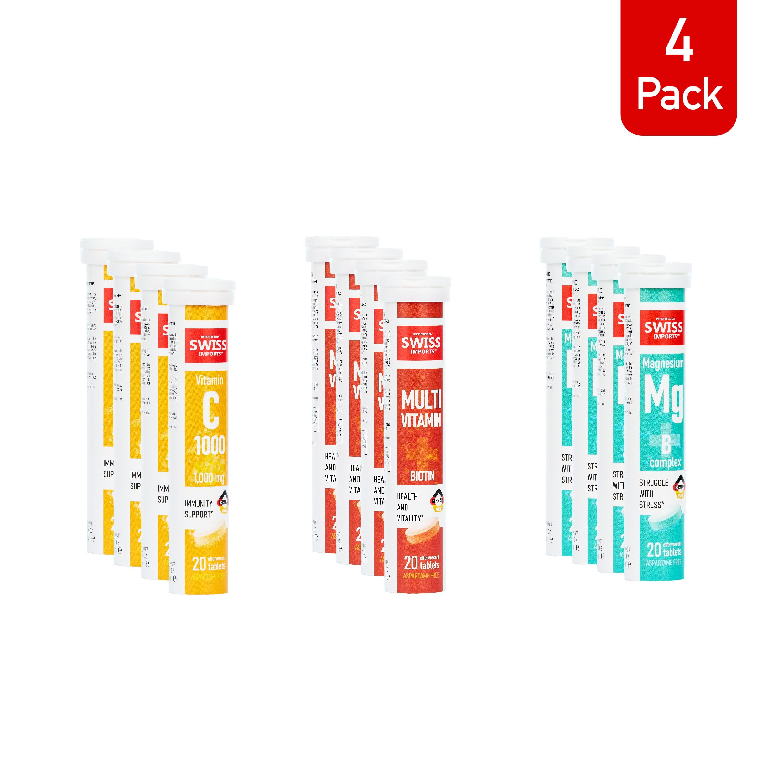 Swiss Imports Effervescent Variety Pack with Vitamin C 1000mg, Magnesium + B Complex, Multivitamin + Biotin, 12-Pack, 240 Tablets