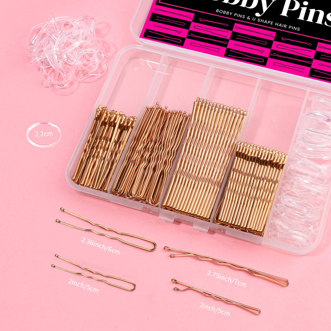 Teenitor 300pcs Bobby Pins Rose Gold Hair, 100 Bobby Pins 100 Hair Pins for Women 100 Hair Bands Kit, Hair Pins for Buns 2 2.36 2.75 Rose Gold