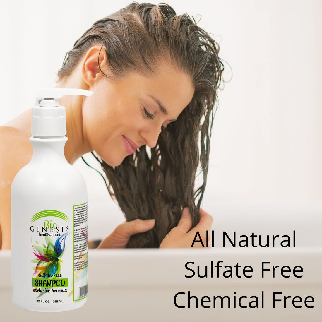 Ginesis Bio Healthy Hair Sulfate Free Shampoo. Stop dry scalp itching flaking unsightly yellowing of gray hair and other hair and scalp problems caused by chemicals. Everyone can benefit from Ginesis Chemical-Free Shampoo including children transplan