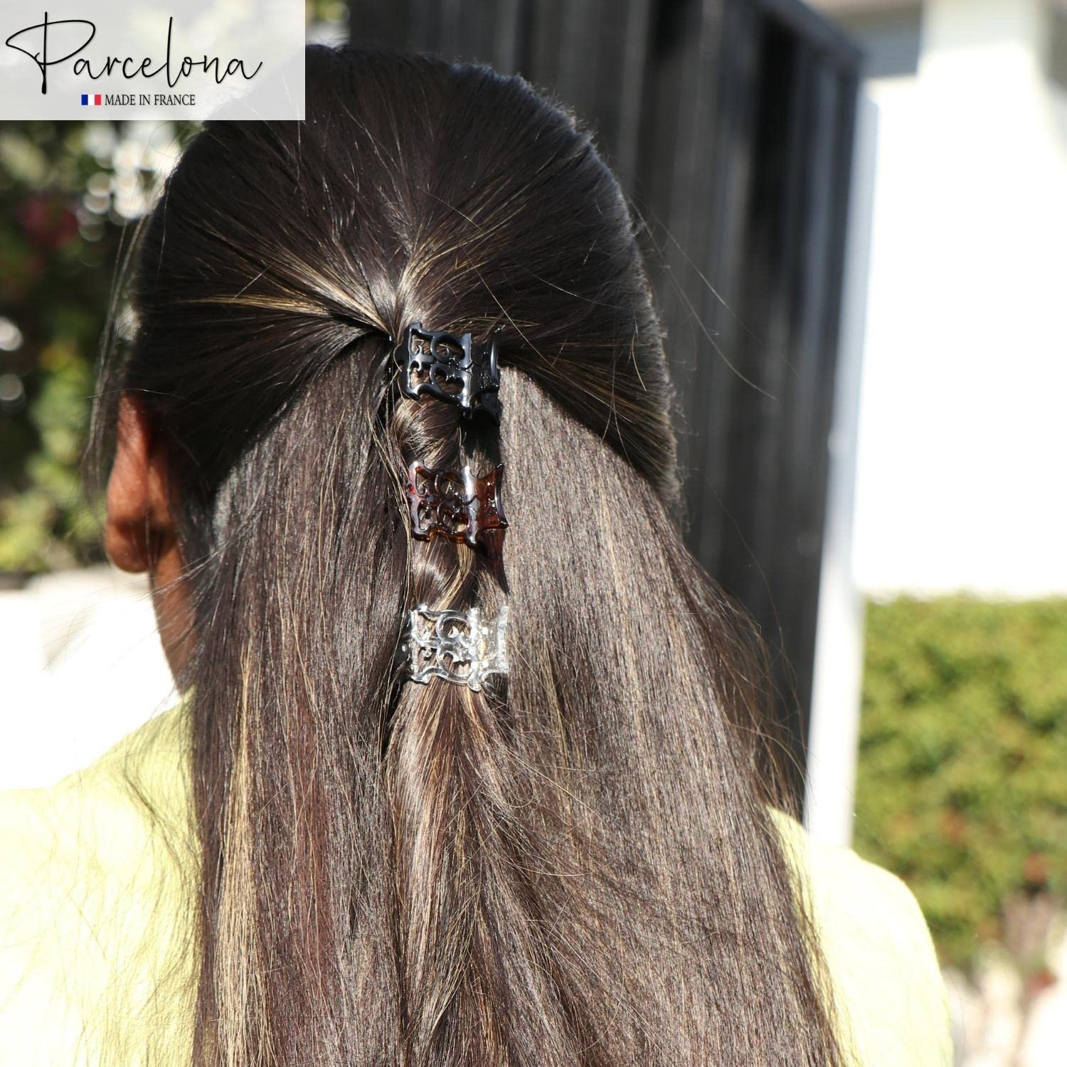 Parcelona French Intricate 3 Mini Small Claw Black N Shell N Clear Celluloid Approx. 1 Inch Jaw Hair Claw Clip Clutcher Clamp for Women and Girls