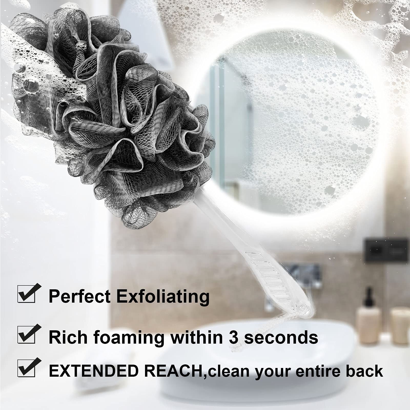 PPHAO - Bath Brush for Shower - Loofah on a sticker - Bathing Brush for exfoliating - Black Grey Gray Loofah