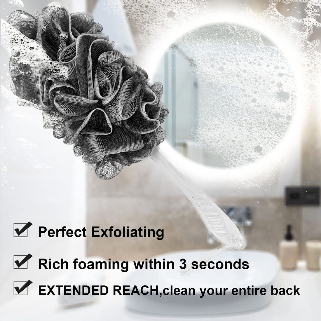 PPHAO - Bath Brush for Shower - Loofah on a sticker - Bathing Brush for exfoliating - Black Grey Gray Loofah