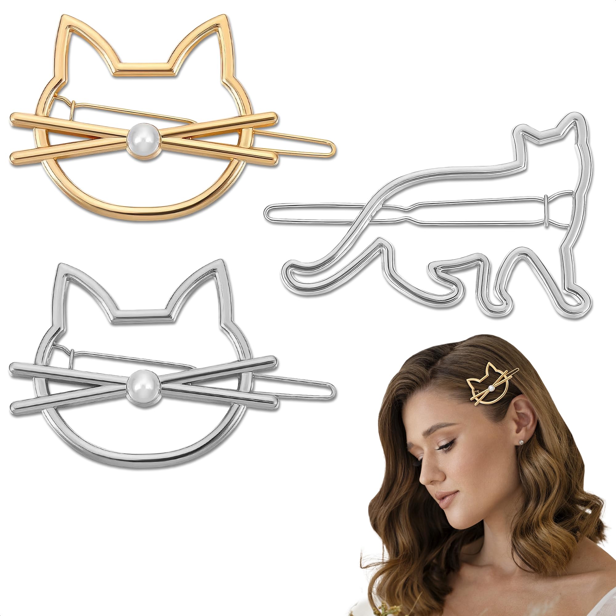 HUELE Set of 3 Cat Kitty Novelty Hair Clip barrette Cat Hair Clips with Pearl for Women and Girls Apply to Party and Casual