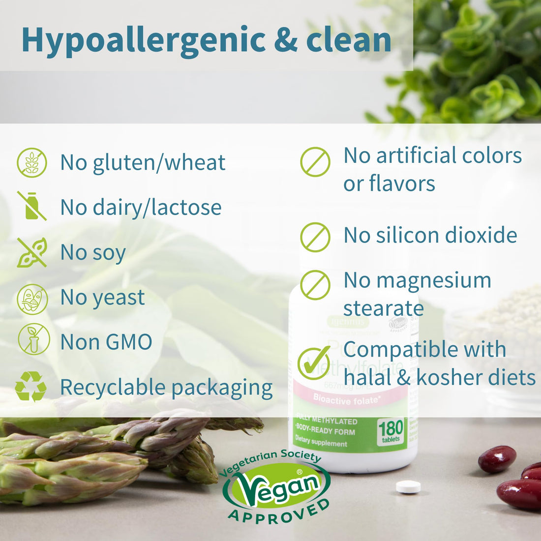 Igennus Pure Folate 400mcg, Clean Label, Optimized Methylfolate 667 mcg DFE, MTHFR Supplement for Women & Men, 180 Small Tablets, Lab Verified, Vegan & Hypoallergenic