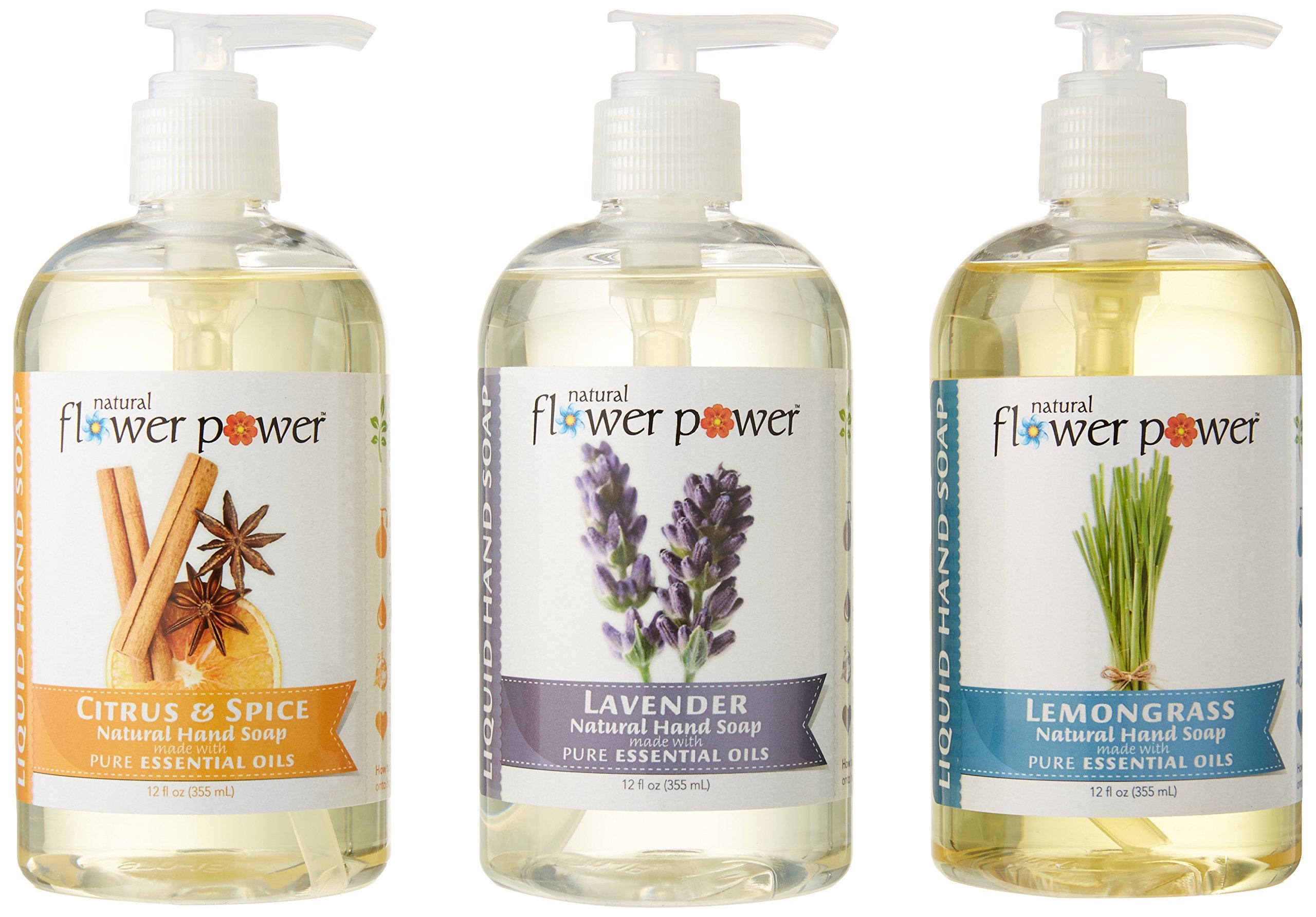 Natural Flower Power - Natural Liquid Hand Soap Variety Pack (Citrus & Spice, Lavender, and Lemongrass), pH Balanced, Pure Essential Oils, Soft and Moisturizing, Sulfate Free - 12 Ounce (Pack of 3)