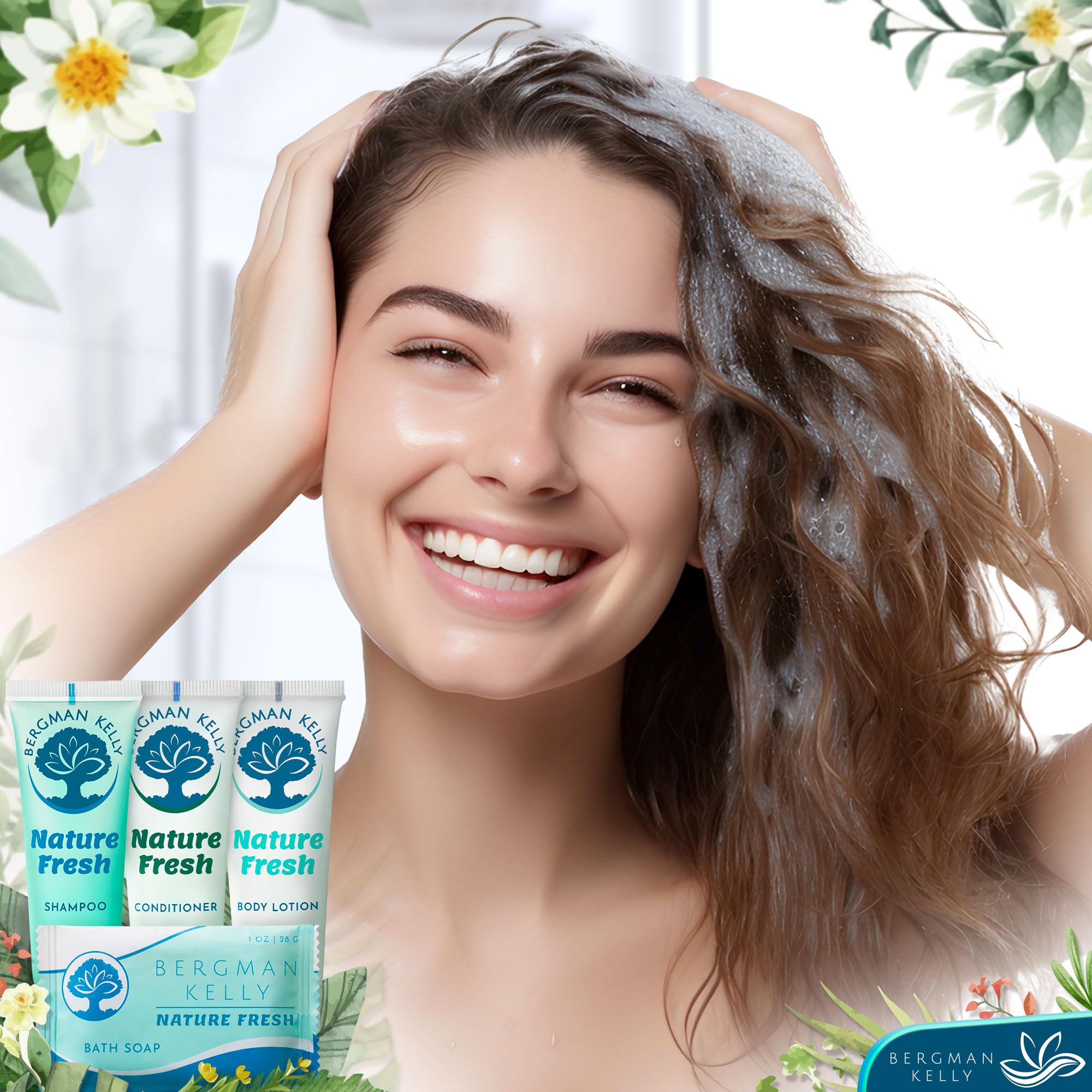 Bergman Kelly Hotel Toiletries Bundle (Nature Fresh, 1 oz each, 100 Pieces) 4-Piece Set: 25 Rectangular Bar Soap, 25 Shampoo, 25 Conditioner & 25 Body Lotion - Bulk Mini Guest Amenities