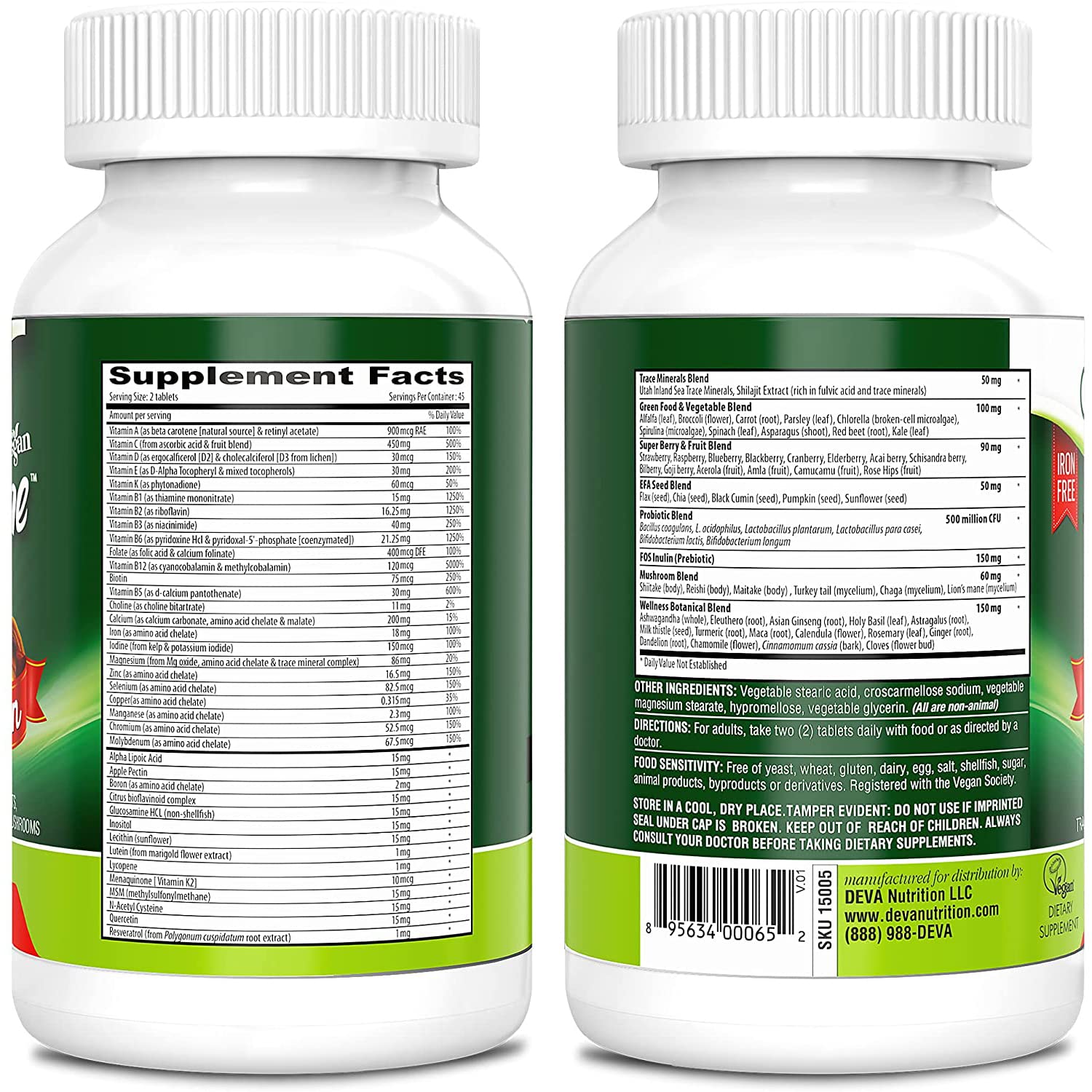 DEVA Tuba Prime Vegan Multivitamin High-Potency Vitamin and Mineral Dietary Supplement Antioxidants, Fruit and Vegetable Blend, Super Mushrooms, Probiotics, Prebiotics, Seeds, Herbs - 90 Tabs, 2-Pack