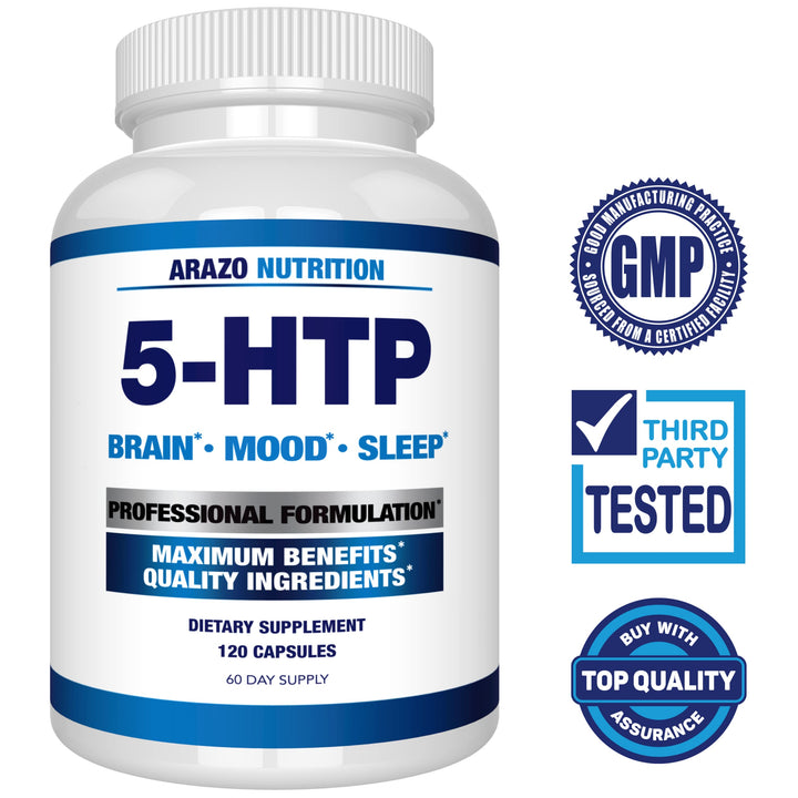 5-HTP 200 MG Plus Calcium for Mood, Sleep – Supports Calm and Relaxed Mood – 99% High Purity – 120 Capsules – Arazo Nutrition