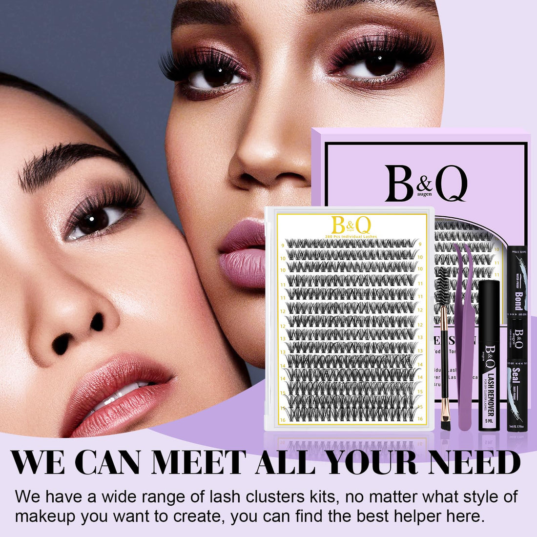 B&Qaugen Lash Cluster Kit Lash Extension Kit 280 PCS Individual Eyelash 40D-D-9-16MIX Cluster Eyelash Glue, Seal, Remover(40D-D-9-16MIX)