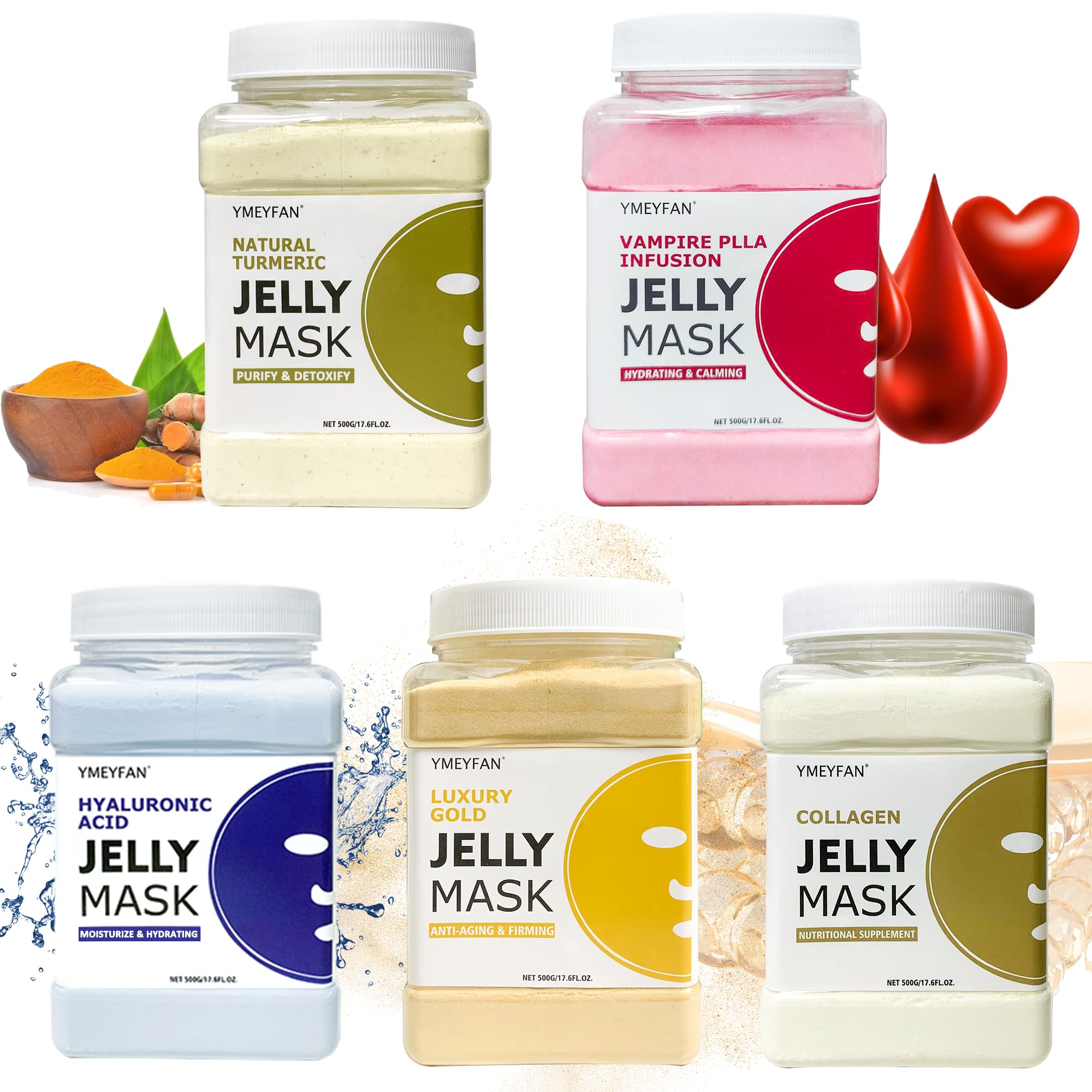 YMEYFAN 5 Jar 500G Jelly Mask Powder for Facial Professional Bundle, Beauty Spa Face Mask Skincare Product Bulk (Turmeric, Vampire, Hyaluronic Acid, Gold, Collagen)