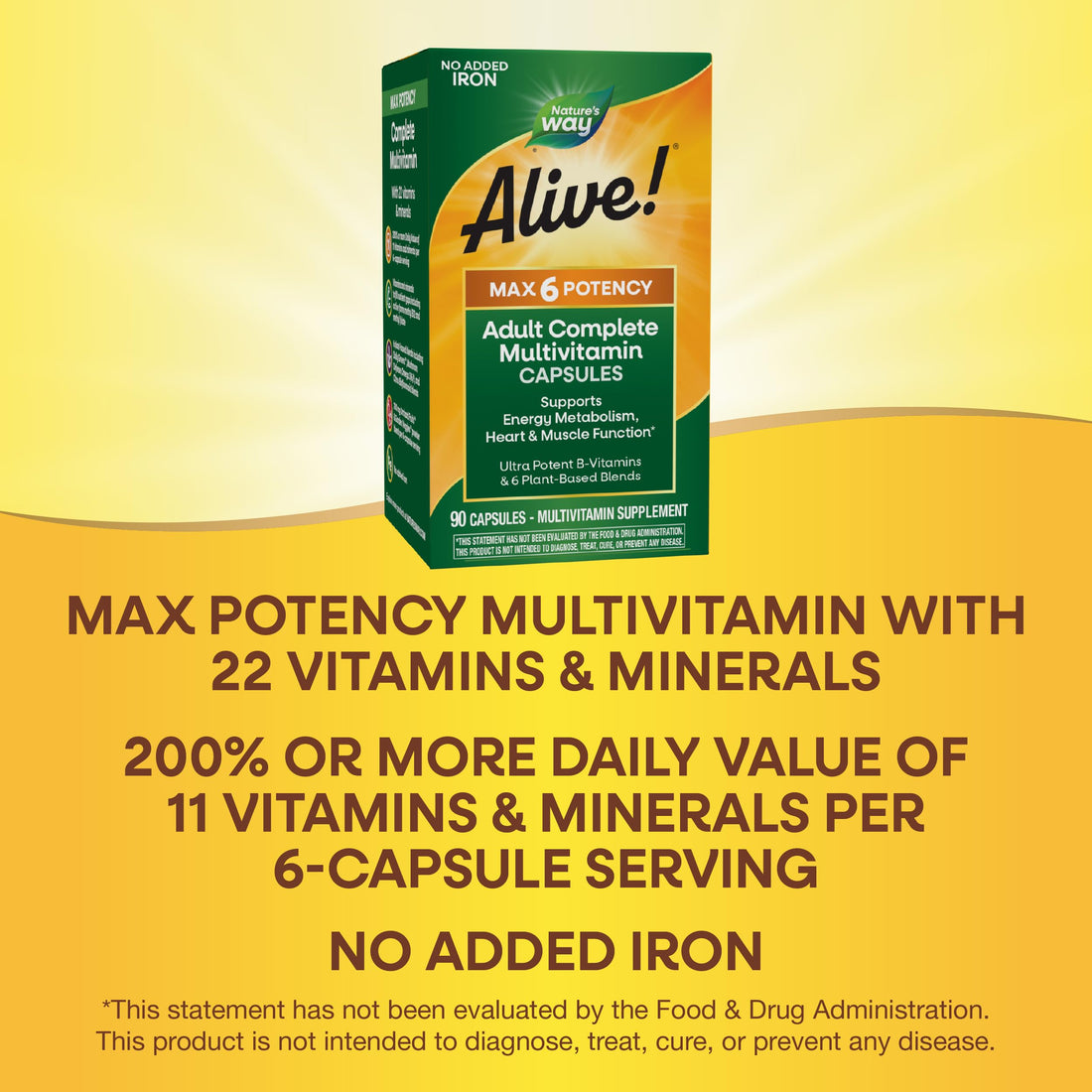 Nature's Way Alive Max6 Potency Adult Complete Multivitamin, Vitamins A,C, E & B-Vitamins Including Methyl B12 & Folate, Supports Energy Metabolism*, No Added Iron, 90 Capsules (Packaging May Vary)