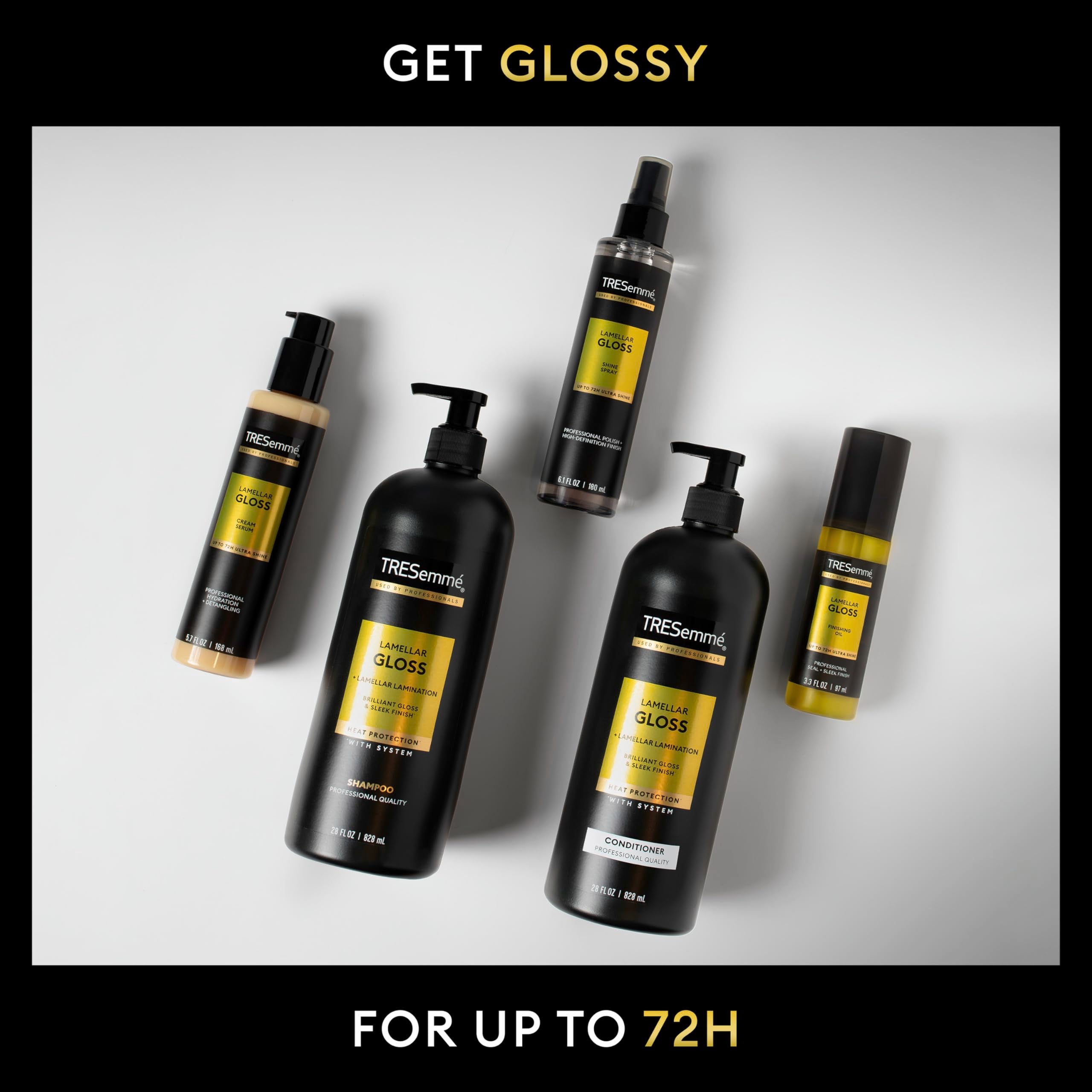 TRESemmé Lamellar Gloss Shampoo, Conditioner and Shine Spray for Brilliant Gloss & Sleek Finish Ultimate Shine with Heat Protection, 3 pack