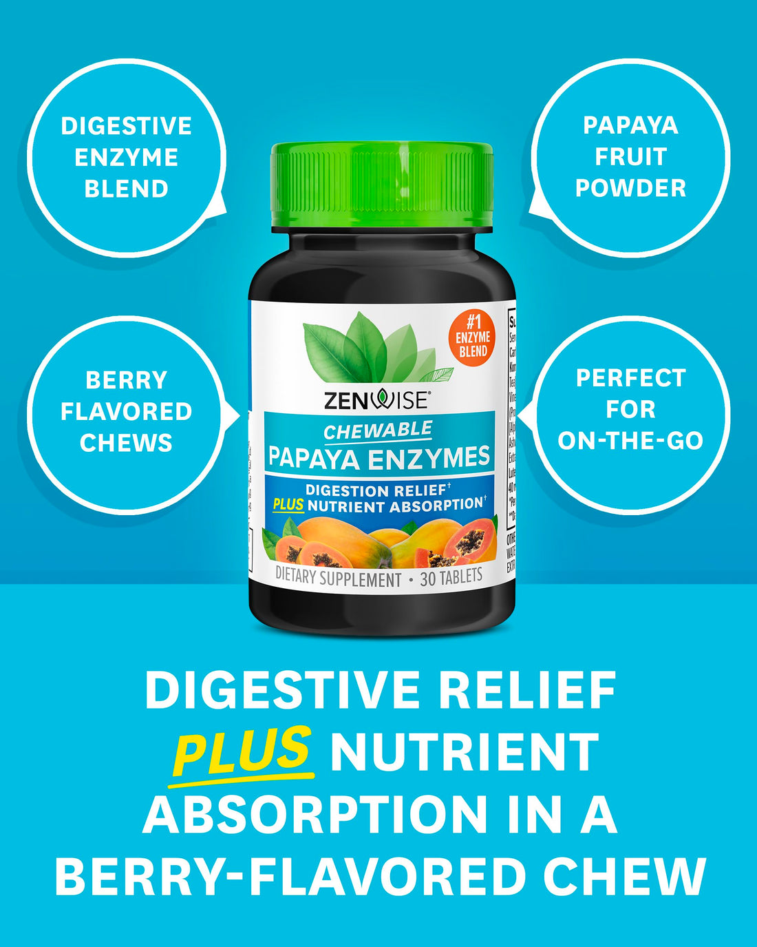 Zenwise Health Papaya Enzymes Chewable with Digestive Enzymes and Bromelain for Digestive Health and Bloating Relief for Women and Men, Enzymes for Digestion and Gut Health - 30 CT