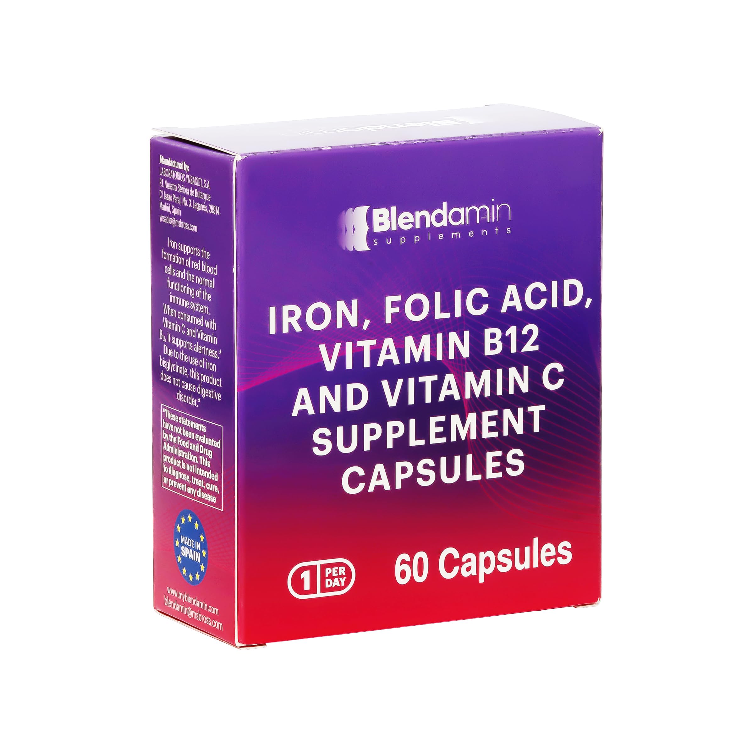 Blendamin Iron Ferrous Bisglycinate with Vitamins B12 Cyanocobalamin, Folic Acid, Vitamin C, Red Cells Formation, Blood & Immunity Health 60 Capsules