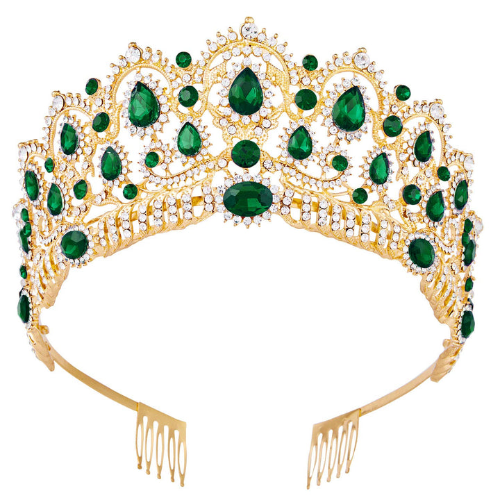 Tiara,Vofler Gold Crown Baroque Vintage Headband Crystal Green Rhinestone Emerald Hair Jewelry Decor for Women Queen Lady Girl Bride Princess Birthday Wedding Pageant Halloween Costume Party with Comb