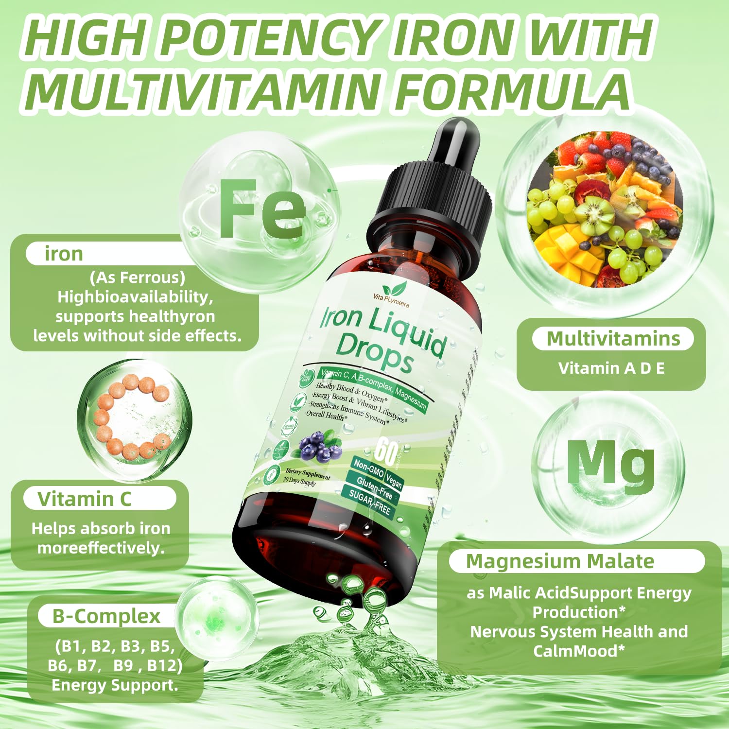 Liquid Iron Supplement for Women Men & Kids, Vegan Iron Drops with Vitamin C D, B12, B-Complex, High Potency Liquid Iron with Multivitamin for Anemia, Energy Support, Blood, Magnesium Iron Gentle
