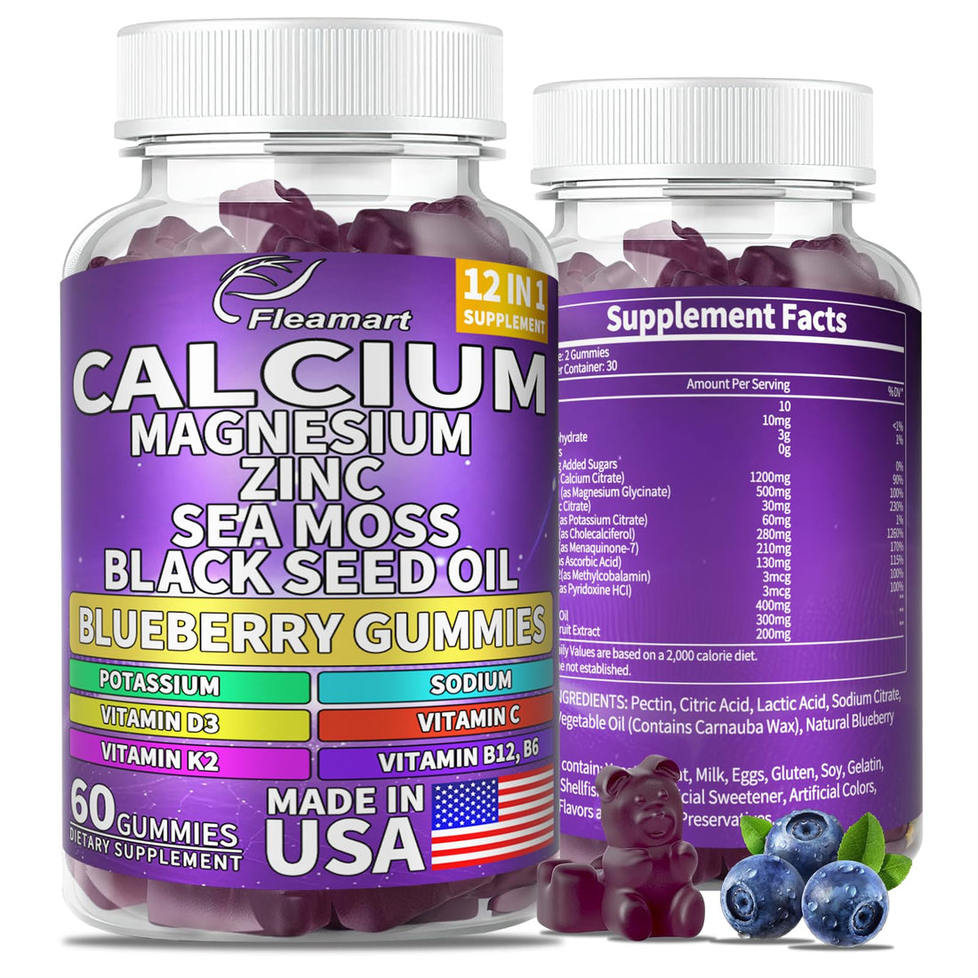 Calcium Magnesium Zinc Supplement Gummies Sugar Free for Women and Men Calcium Gummies Supplement Bone & Immune Support Made in USA 60 Counts Blueberry Flavor