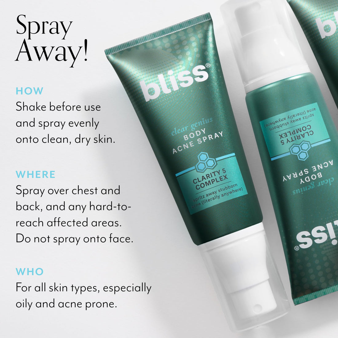 Bliss Clear Genius Body Acne Spray - 3.5 Fl Oz - Maximum Strength 2% Salicylic Acid & Niacinamide - Targets Body Acne & Prevents Future Breakouts - Post Workout - Clean - Vegan & Cruelty-Free
