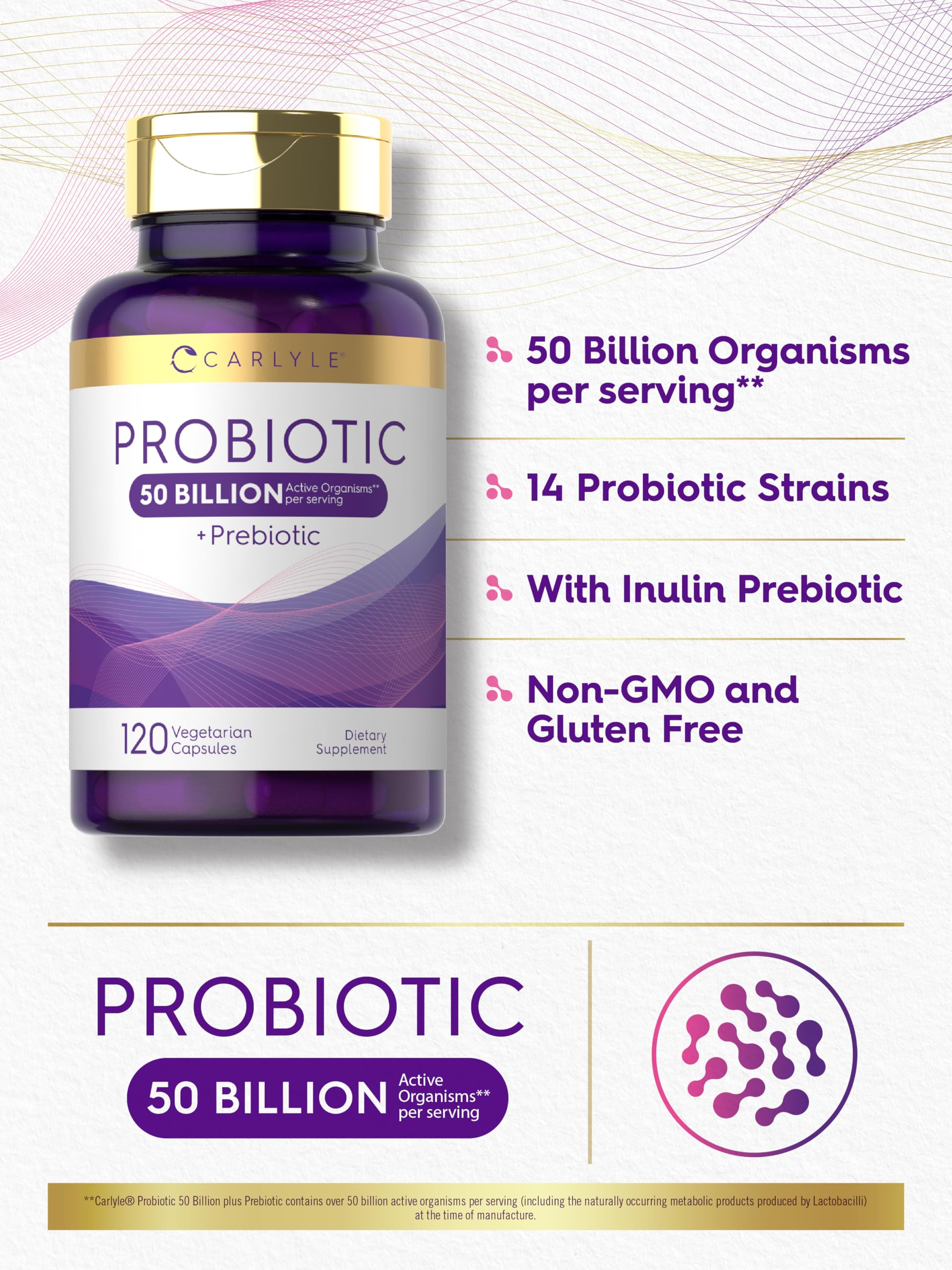 Carlyle Probiotics with Prebiotics | 120 Capsules | 50 Billion Active Organisms | Non-GMO & Gluten Free Supplement