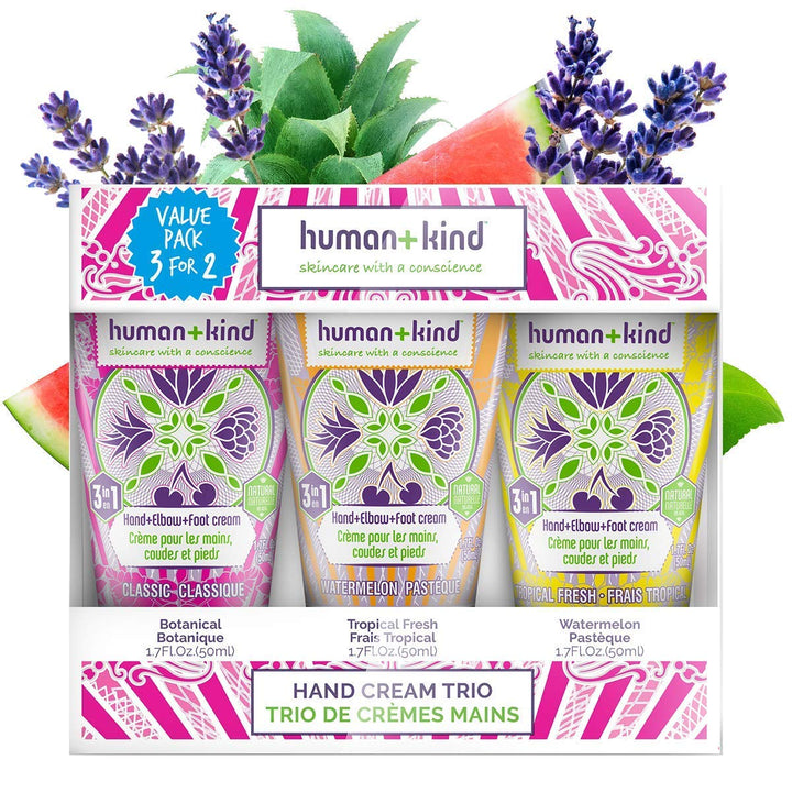 Human+Kind Hand Cream Trio - Lavender, Tropical Fresh, and Watermelon - Moisturizes Hands, Elbows, and Feet - Enriched with Avocado Oil and Shea Butter - Natural, Vegan Skin Care - 3-Pack