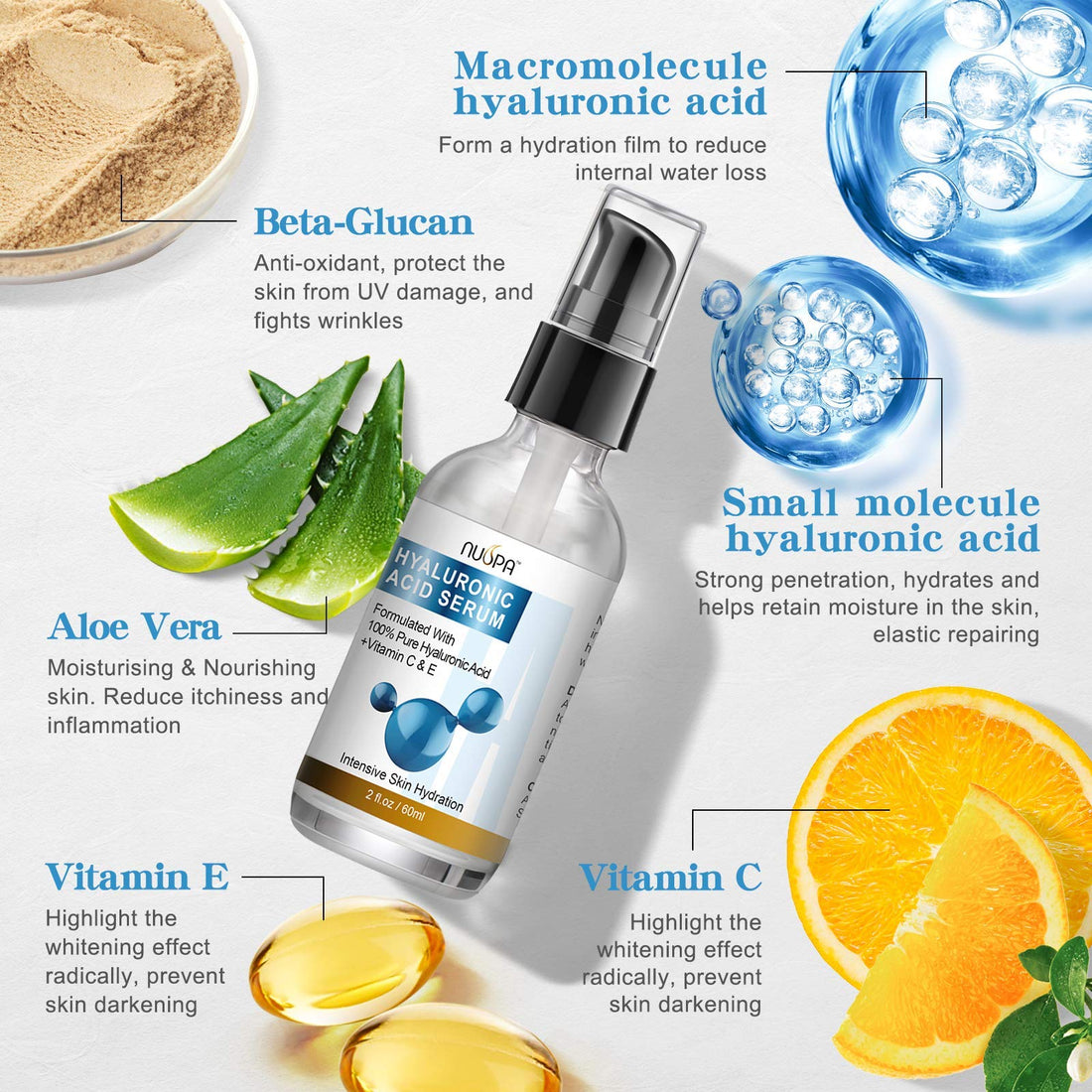 100% Pure Hyaluronic Acid Serum for Face Neck Body with Vitamin C Vitamin E for Skincare Hydrate, Moisturize, Plump Skin, Reduce Wrinkles, Anti Aging Serum, 2 Oz