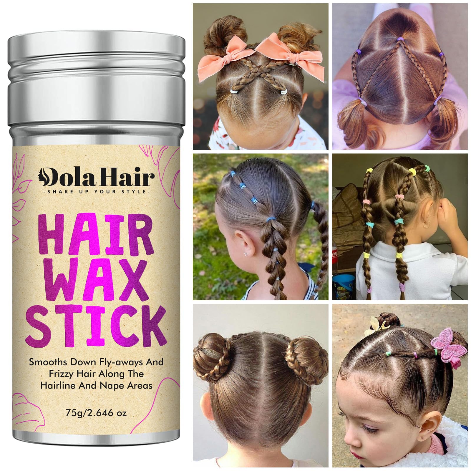 Dolahair Hair Wax Stick - Flyaway Control and Styling Pomade for Kids, Women, and Men - Hair Bun Maker and Accessorie Slick Back Hair Brush