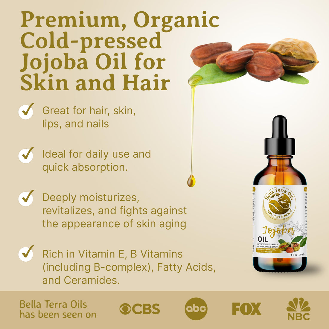 NEW Jojoba Oil. 4oz. Cold-pressed. Unrefined. Organic. 100% Pure. Anti-inflammatory. Hexane-free. Rejuvenates Skin. Softens Hair. Natural Moisturizer. For Hair, Skin, Nails, Beard, Stretch Marks.