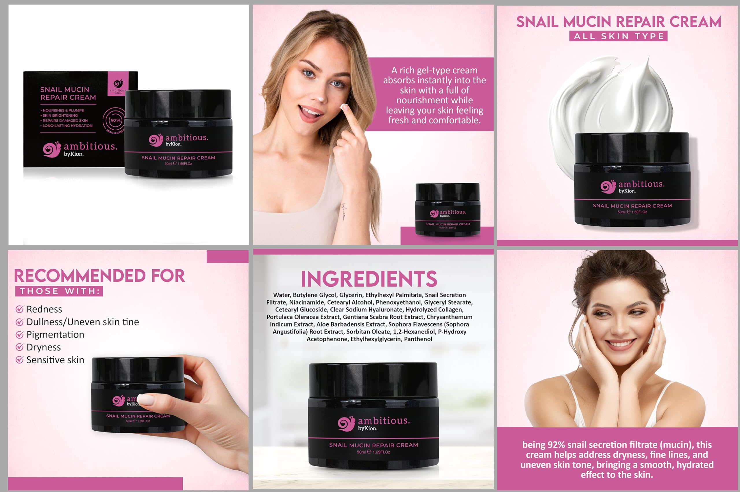 byKion ambitious Snail Mucin 92% Moisturizer Cream 1.69 fl oz/ 50ml, Daily Repair Face Cream for Dry, Sensitive Skin, Not Tested on Animals, No Parabens, No Sulfates, Asian Skincare