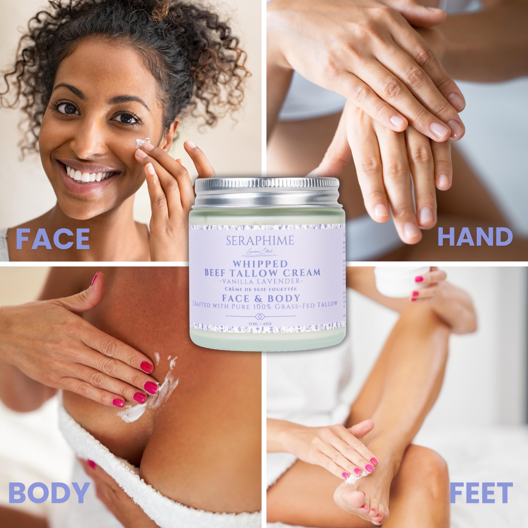 Seraphime Whipped Beef Tallow for Skin Care, Organic Pure Grass Fed Beef Tallow Moisturizer Cream for Face & Body Lotion, Cow Tallow with Niacinamide, Shea Butter & Aloe, Vanilla Lavender 4oz