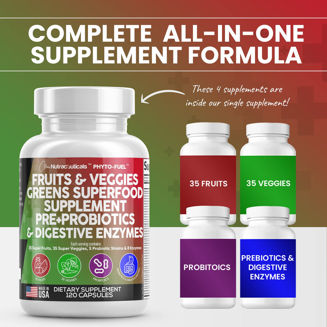 Clean Nutraceuticals Fruits and Veggies Supplement Reds & Green Superfood - Balance of Over 70 Fruit & Vegetable Supplements Capsules with Probiotics Prebiotics Digestive Enzymes - 120 Ct USA