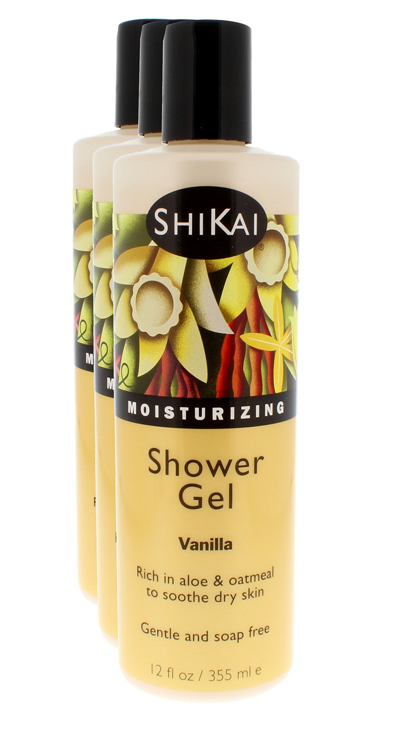 Shikai - Daily Moisturizing Shower Gel, Rich in Aloe Vera & Oatmeal That Leaves Skin Noticeably Softer & Healthier, Relief For Dry Skin, Gentle Soap-Free Formula (Vanilla,12 Ounces, Pack of 3)