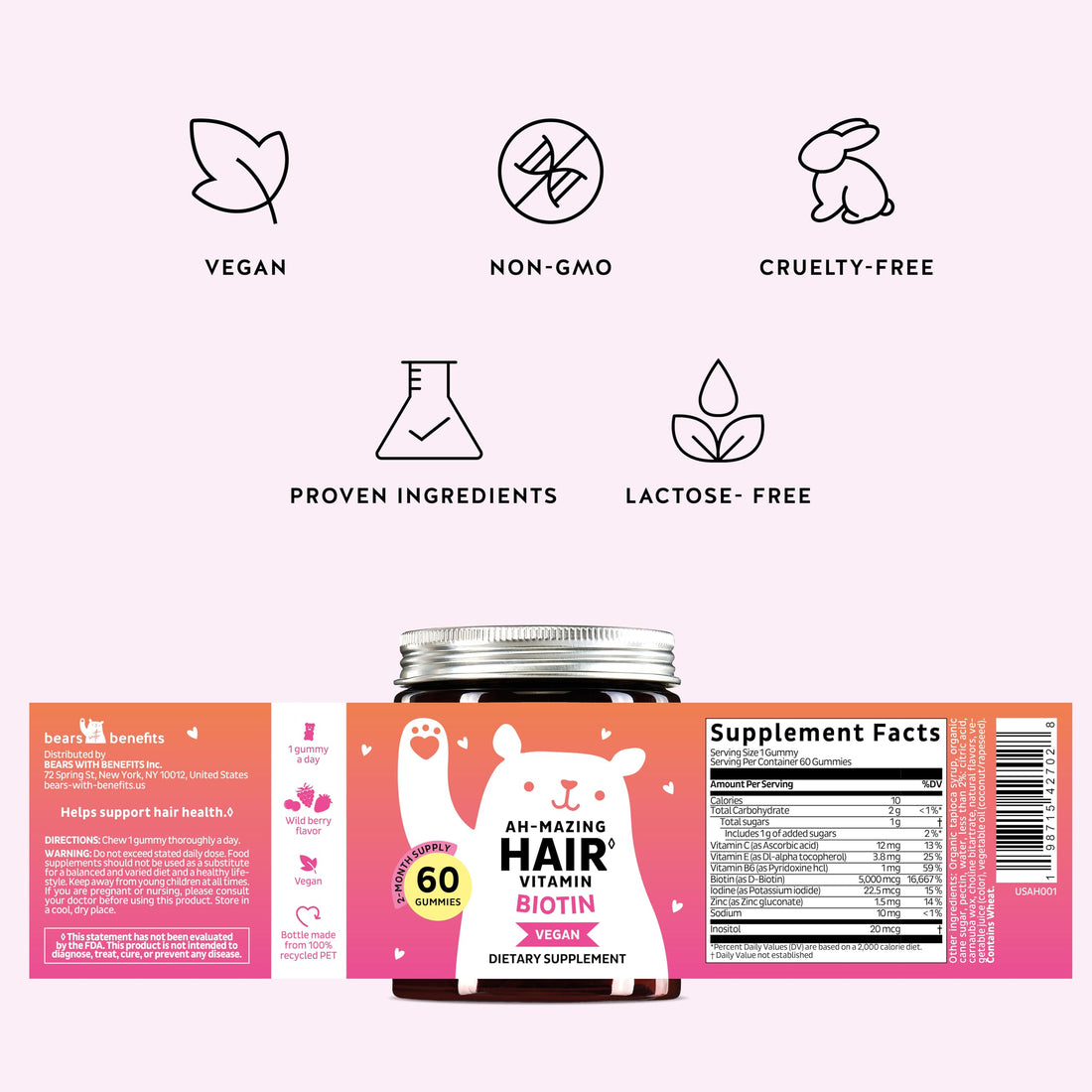 Biotin Gummies for Hair, Skin & Nails. 5,000 mcg High Potency Vegan Vitamins for Faster Hair Growth, Stronger Nails & Healthy Skin. with Vitamins C & E, 90 Gummies