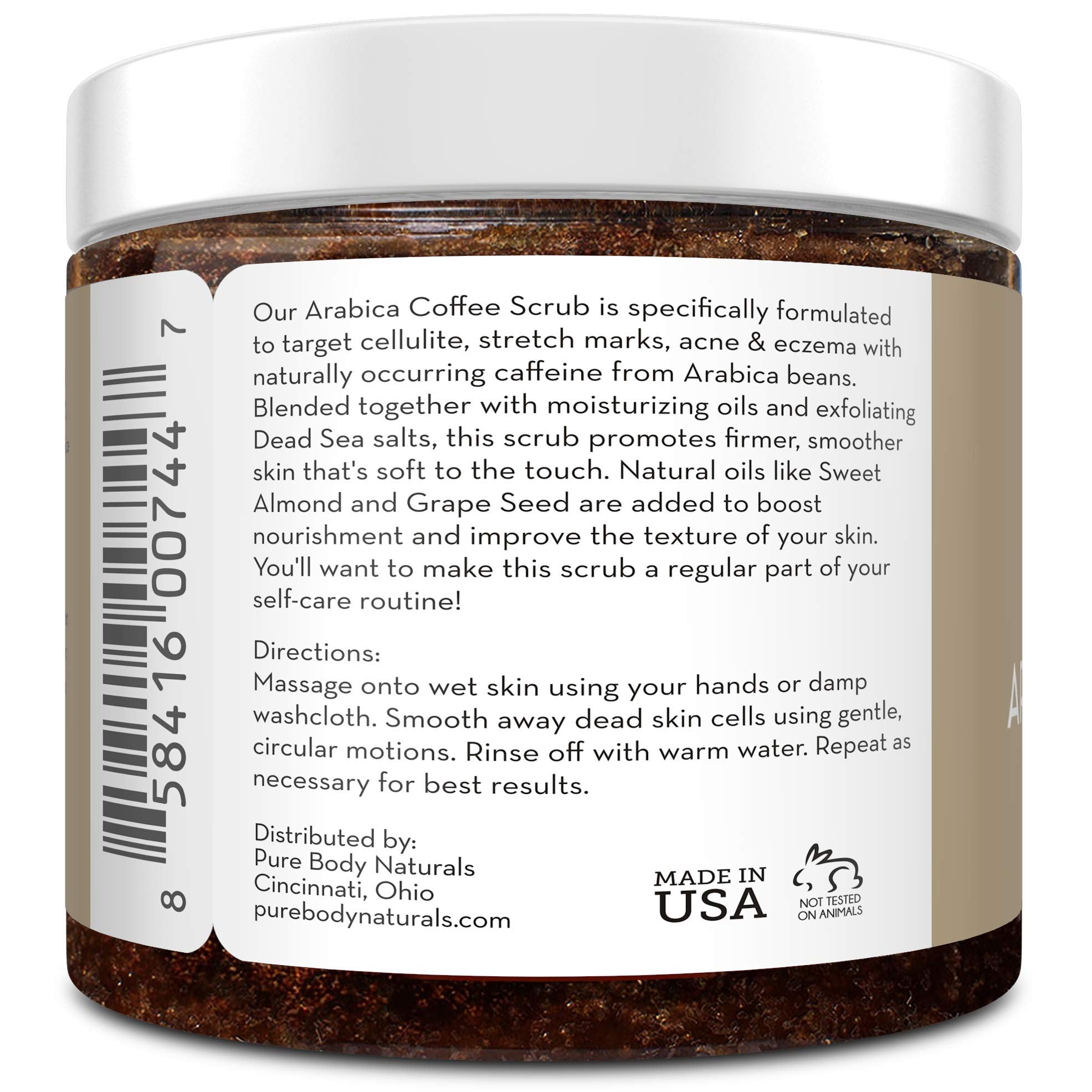 Pure Body Naturals Arabica Coffee Body Scrub Exfoliator - Loaded with Caffeine for Cellulite and Stretch Marks | Exfoliating Skin on Face, Hand, Foot, Butt - Coffee Scrub for Women, 12 Ounce