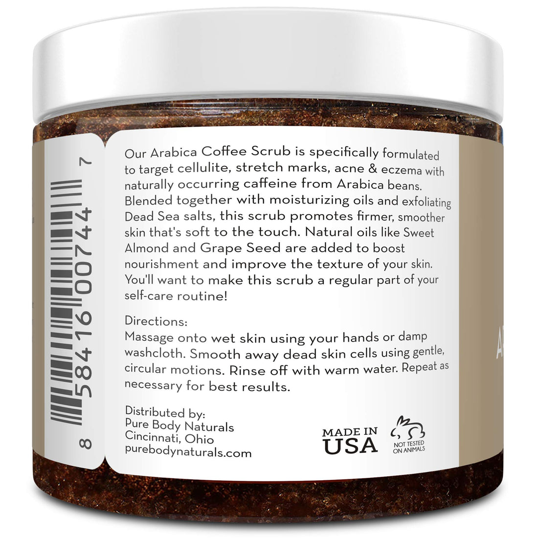 Pure Body Naturals Arabica Coffee Body Scrub Exfoliator - Loaded with Caffeine for Cellulite and Stretch Marks | Exfoliating Skin on Face, Hand, Foot, Butt - Coffee Scrub for Women, 12 Ounce