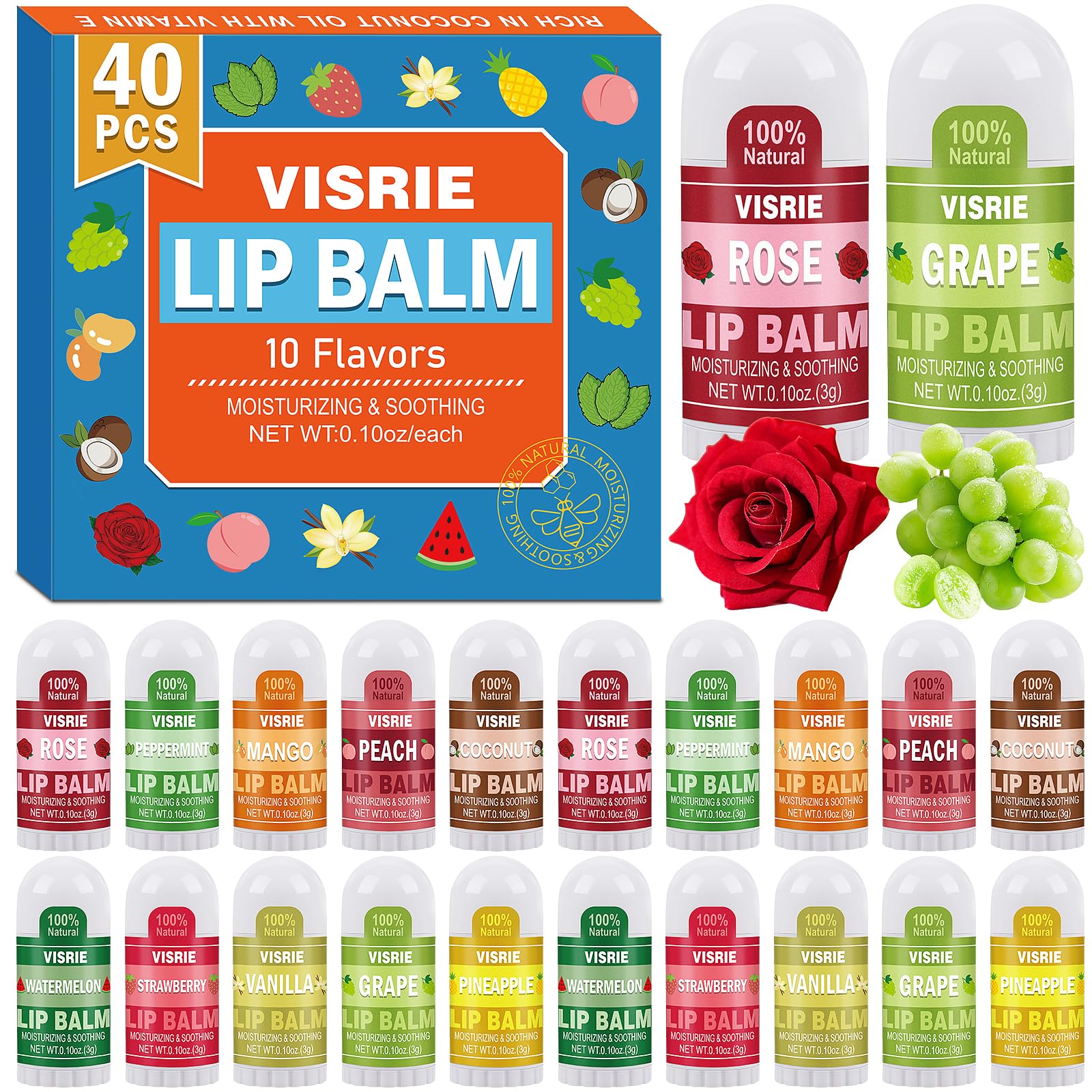VISRIE Mini Lip Balm 40 Pack, Natural Lip Balms Bulk with Vitamin E and Coconut Oil, Moisturizing Lip Balm for Dry Cracked lips - 10 Flavors