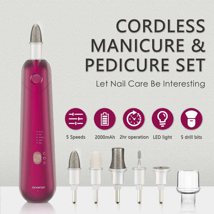 Professional Manicure Pedicure Set, Cordless Electric Nail File Kit, Rechargeable Nail Grinder for Thick Nails, 5 Speeds Hand Foot Nail Care Trimmer Buffer Tools