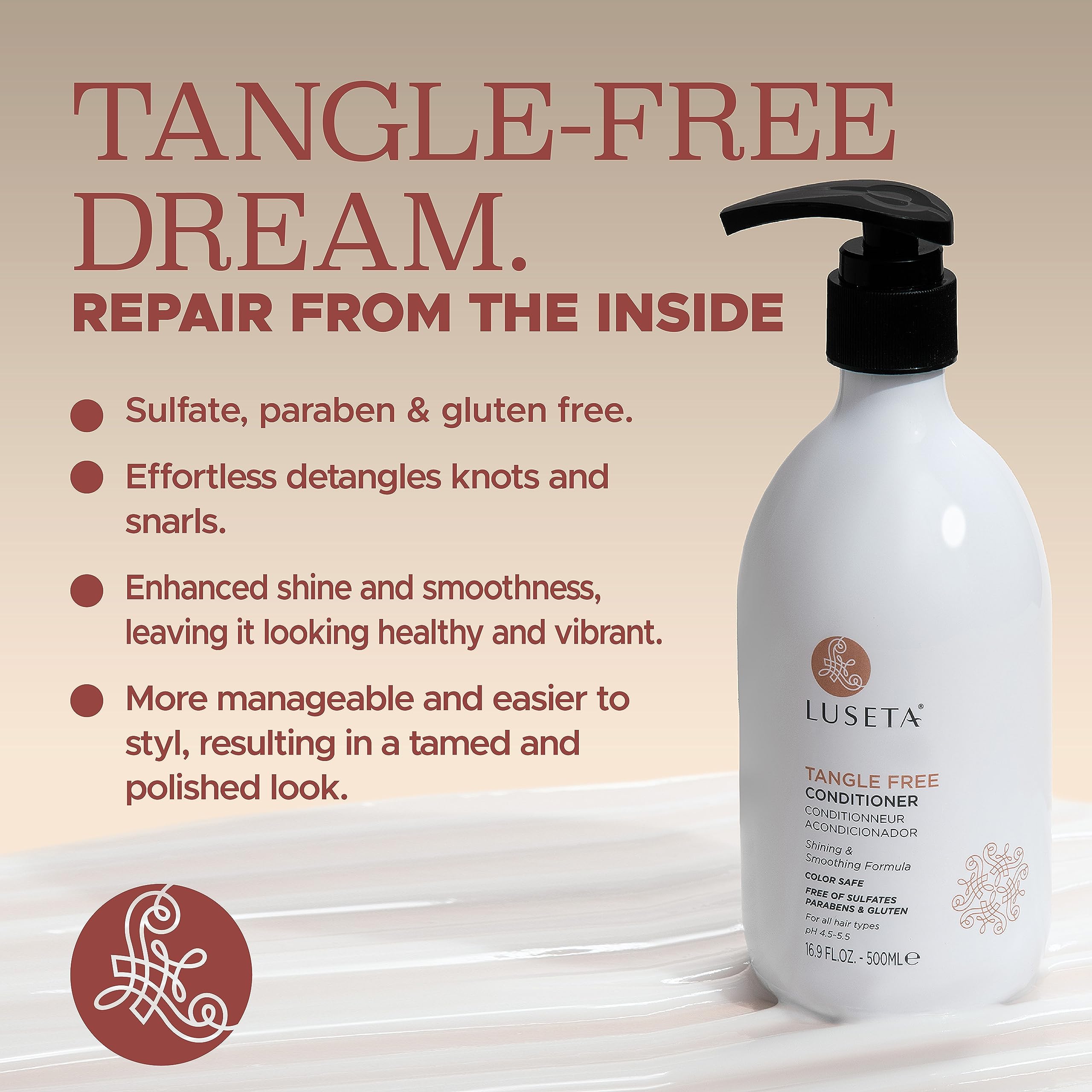 Luseta Tangle Free Routine Conditioner for Women and Men Sulfate Free Conditioner for Detangling with Keratin and Argan Oil for Curly and Wavy Hair 16.9oz