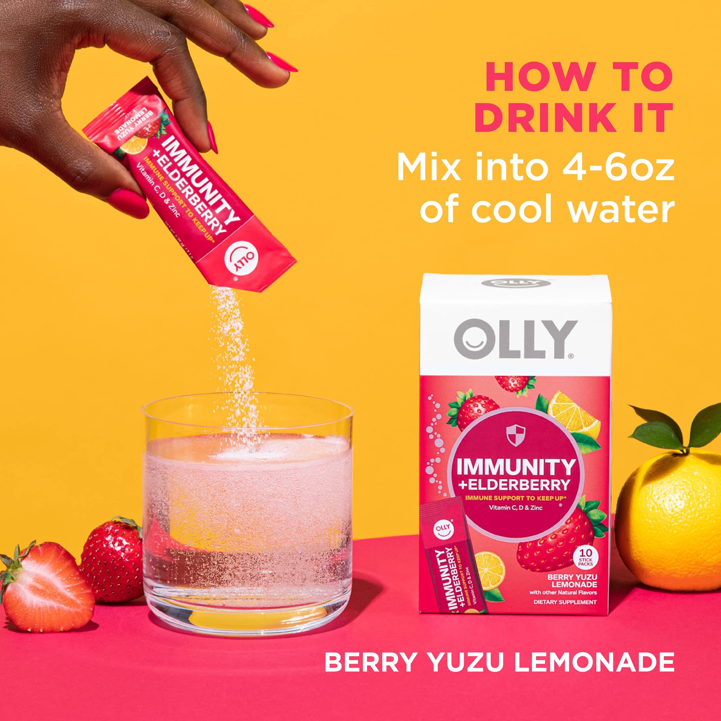 OLLY Immunity Powder, Daytime Immune Support, Elderberry, Vitamin C, D, Zinc, Fizzy Drink Mix, Berry Yuzu Lemonade - 10 Count