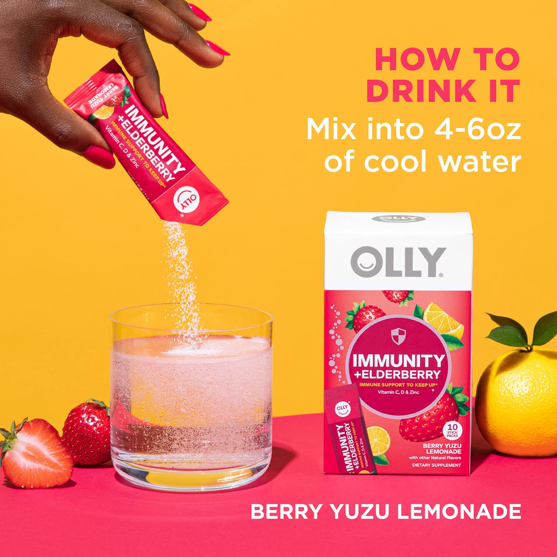 OLLY Immunity Powder, Daytime Immune Support, Elderberry, Vitamin C, D, Zinc, Fizzy Drink Mix, Berry Yuzu Lemonade - 10 Count