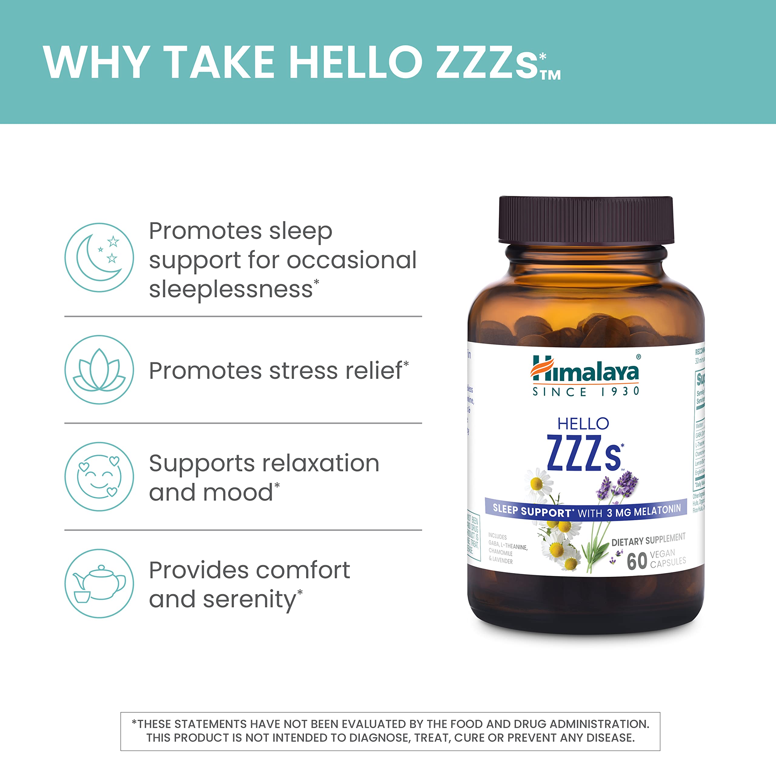 Himalaya Hello ZZZs with GABA, L-Theanine and Melatonin 3mg for Sleep Support and Occasional Sleeplessness, 60 Capsules, 2 Month Supply