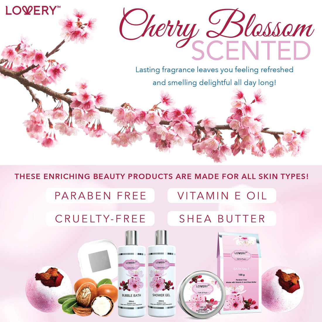 LOVERY Christmas Gifts - Bath And Body Gift Basket For Women â€“ Cherry Blossom Home Spa Set With Fragrant Lotions, 2 Extra Large Bath Bombs, Mirror And Silver Reusable Travel Cosmetics Bag