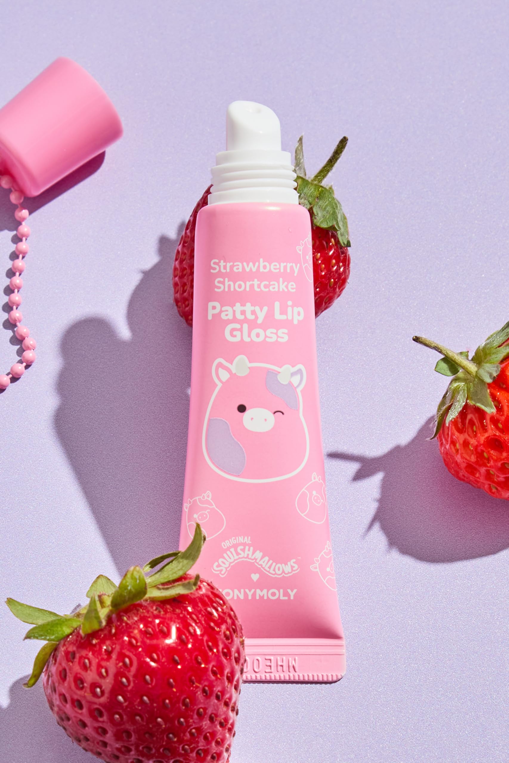 TONYMOLY x Squishmallow Easter Basket Stuffer Patty Keychain Strawberry Shortcake Lip Gloss - Sheer Pigmented Glossy Lip Stain, Hydrating Nourishing High Shine, Non-Sticky, Tinted Pink, 11ml