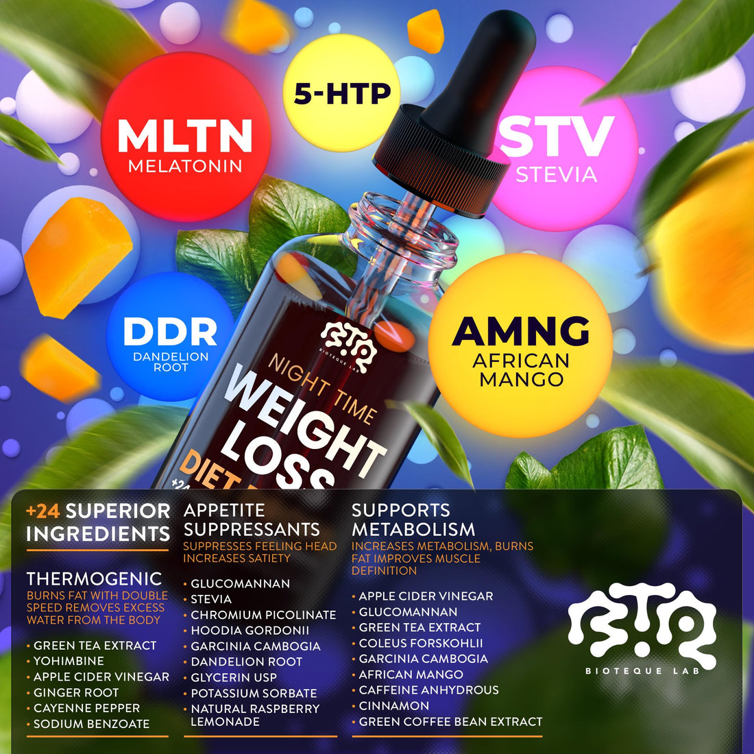 Night Time Weight Loss Diet Drops - Appetite Control, Fat Burner, Metabolism Booster - Apple Cider Vinegar - Cinnamon - Cayenne Pepper