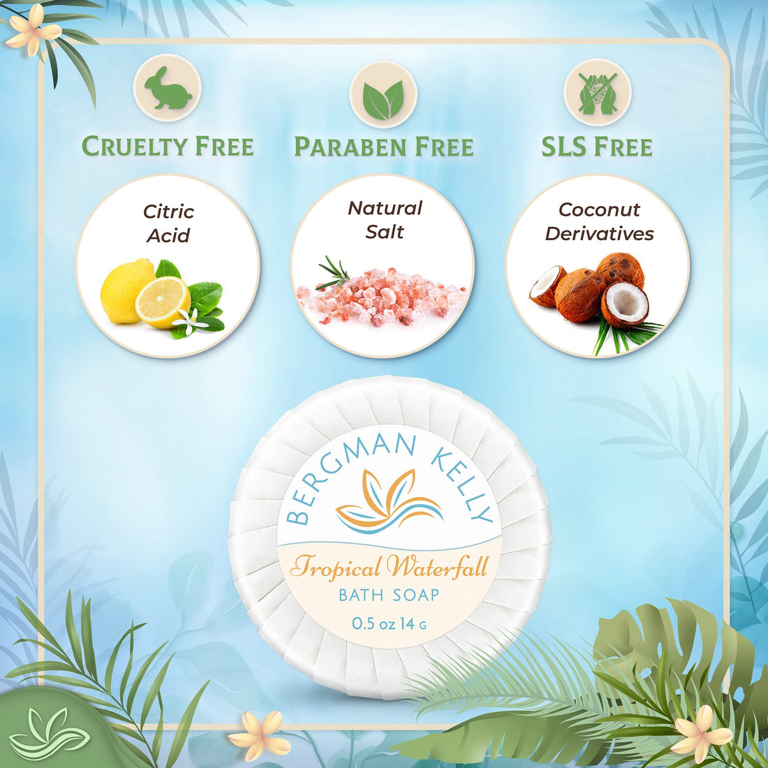 BERGMAN KELLY Sanitary Soap Bars in Bulk (Tropical Waterfall, 0.5 oz, 100PK), Small Individually Wrapped Round Soap, Hotel Toiletries Travel Size for Airbnb, Motel, Guest Bathroom