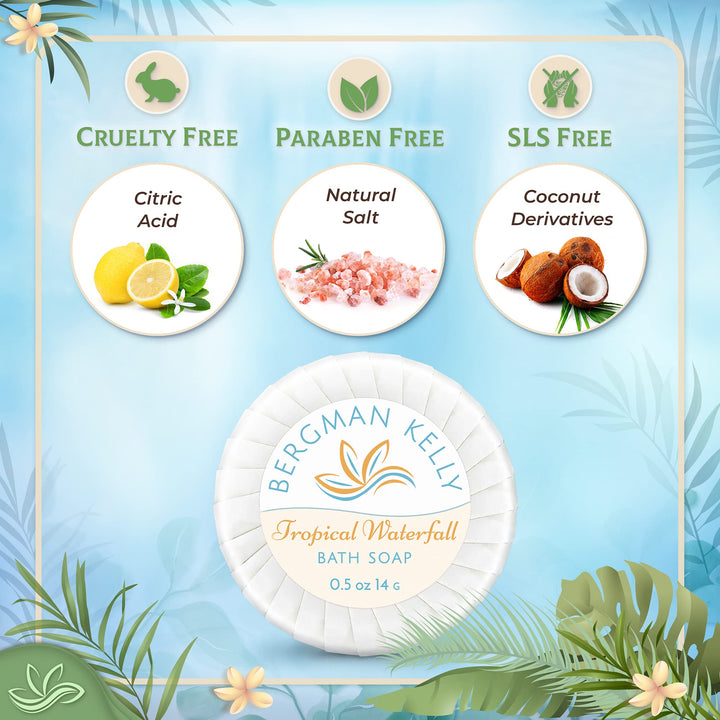 BERGMAN KELLY Sanitary Soap Bars in Bulk (Tropical Waterfall, 0.5 oz, 100PK), Small Individually Wrapped Round Soap, Hotel Toiletries Travel Size for Airbnb, Motel, Guest Bathroom