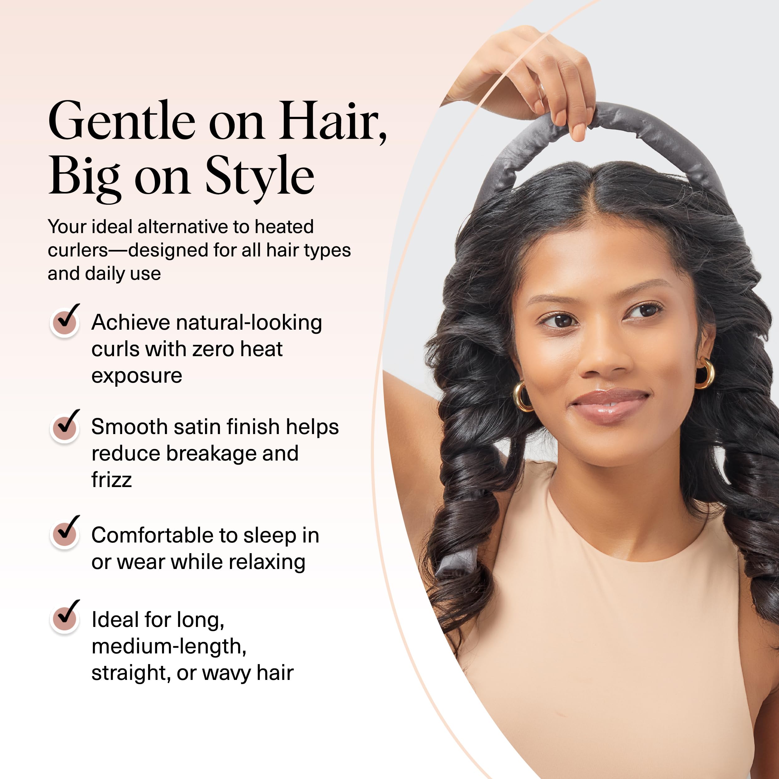 Kitsch Satin Heatless Curling Set – Heatless Hair Curler for Women, Hair Curler to Sleep In - with 2 Satin Scrunchies for Overnight Curls – No Heat Damage Styling with Heatless Curler - Charcoal