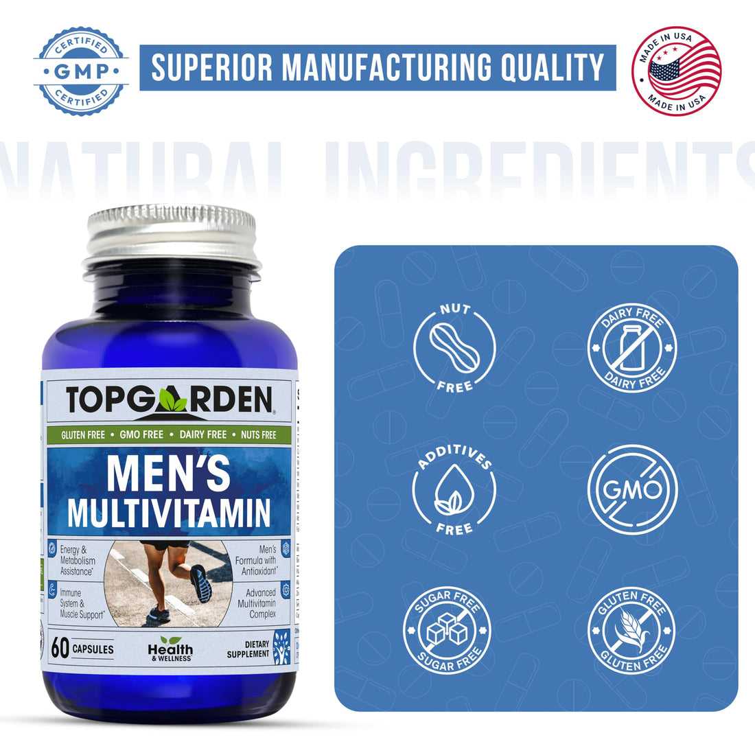 TOPGARDEN Men's Multivitamin - Essential Multivitamins & Multiminerals Supplement A, C, D, E & B12, with Zinc, Calcium, Magnesium & More for Men's Wellness Support. Boost Your Body and Mind!