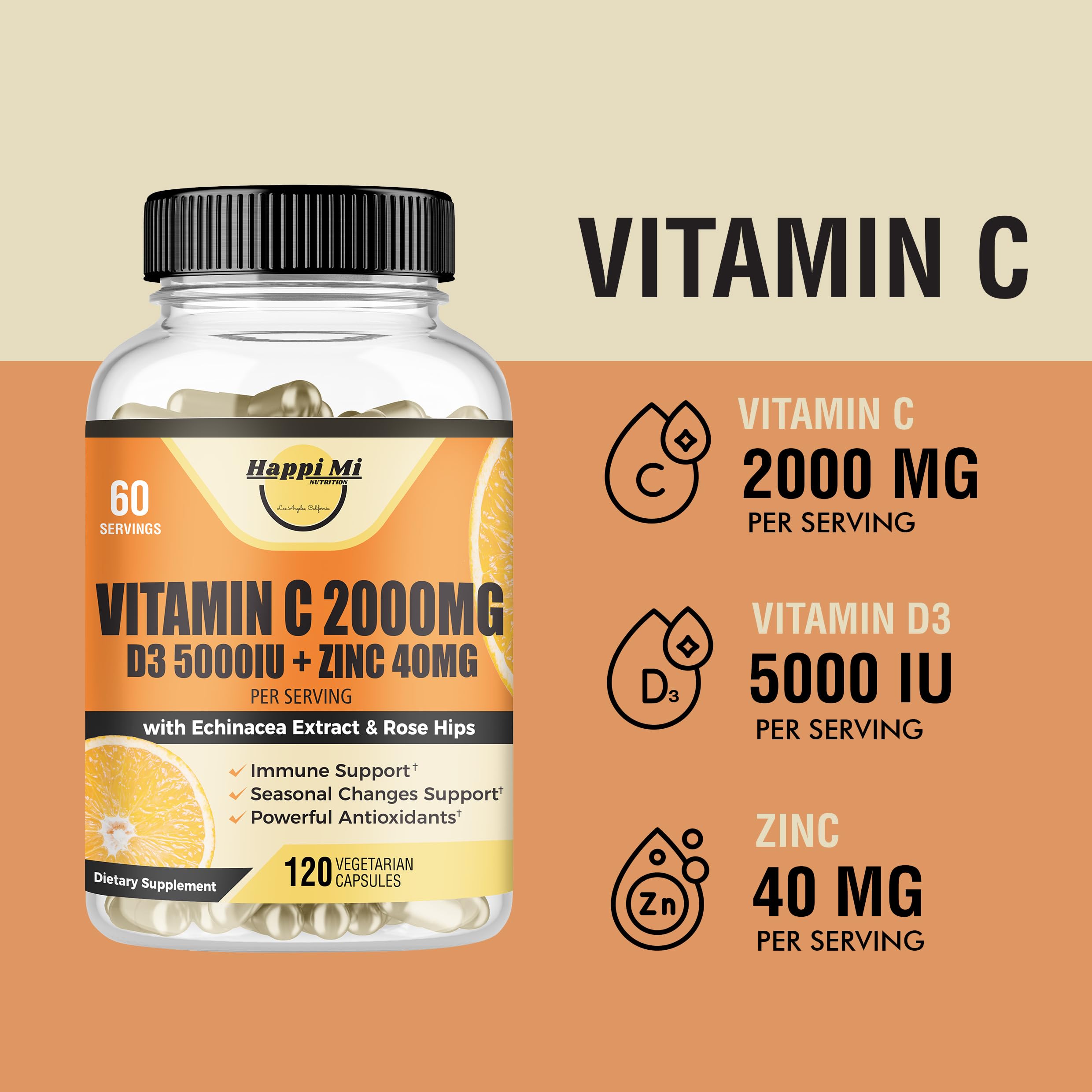 Happi Mi Nutrition Vitamin C 2000MG, Zinc 40 mg, Vitamin D3 5000 IU, Echinacea Extract, Rose Hip, Immune Support for Adults & Kids, Immune Booster,120 Vegan Caps, 60 Day Supply, Non GMO, No Filler