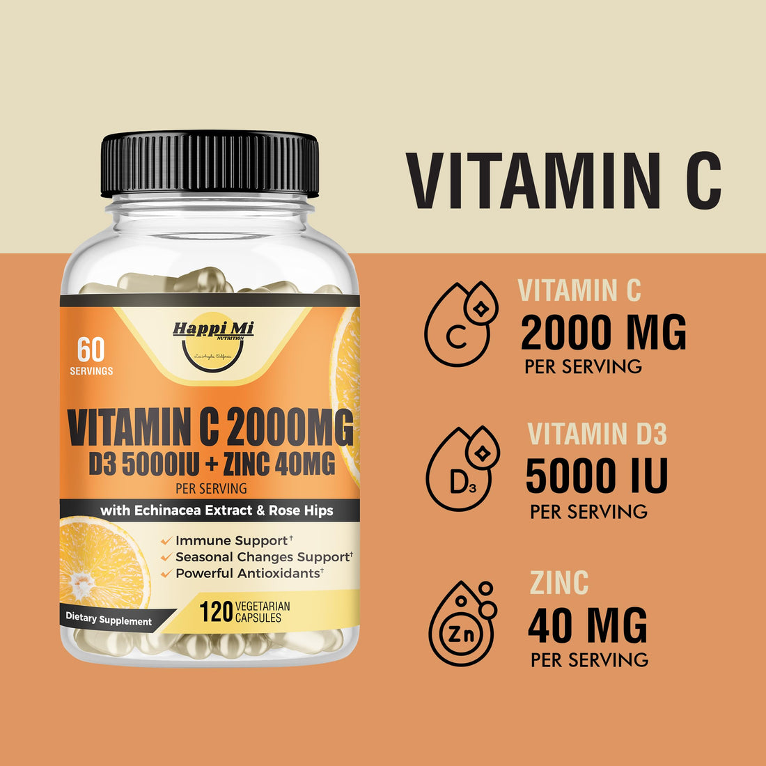 Happi Mi Nutrition Vitamin C 2000MG, Zinc 40 mg, Vitamin D3 5000 IU, Echinacea Extract, Rose Hip, Immune Support for Adults & Kids, Immune Booster,120 Vegan Caps, 60 Day Supply, Non GMO, No Filler