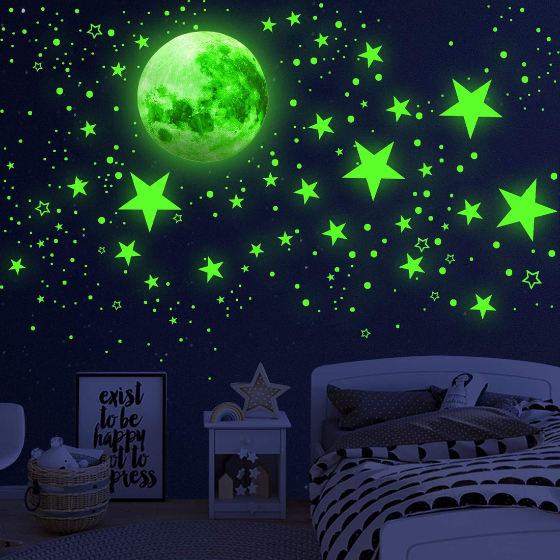 1086Pcs Glow in The Dark Stars, Glow in The Dark Moon for Ceiling Planets Space Wall Stickers Solar System Galaxy Wall Decals for Kids Boys Bedroom Living Room Decoration (Green)